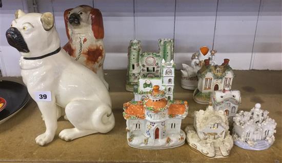 Staffordshire swan and castle spill holders, money box, cottage pastille burners & a Coalport Village Church (8)